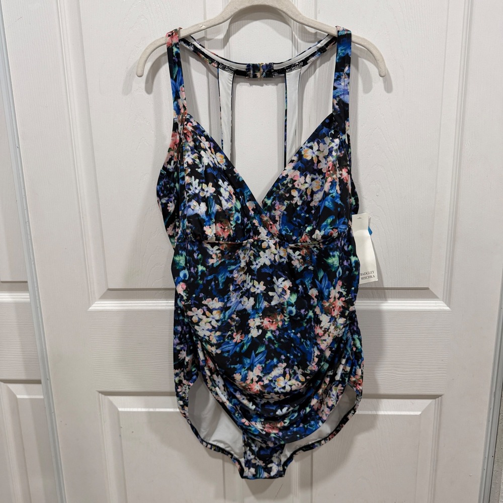 Badgley Mischka Floral Ruched One Piece Swimsuit Blue Multi 22W NEW